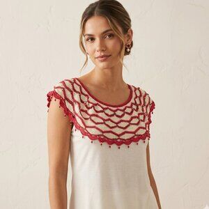 Cecilia Prado Women's Elegant Red and Cream Crocheted/Beaded Top, Size S